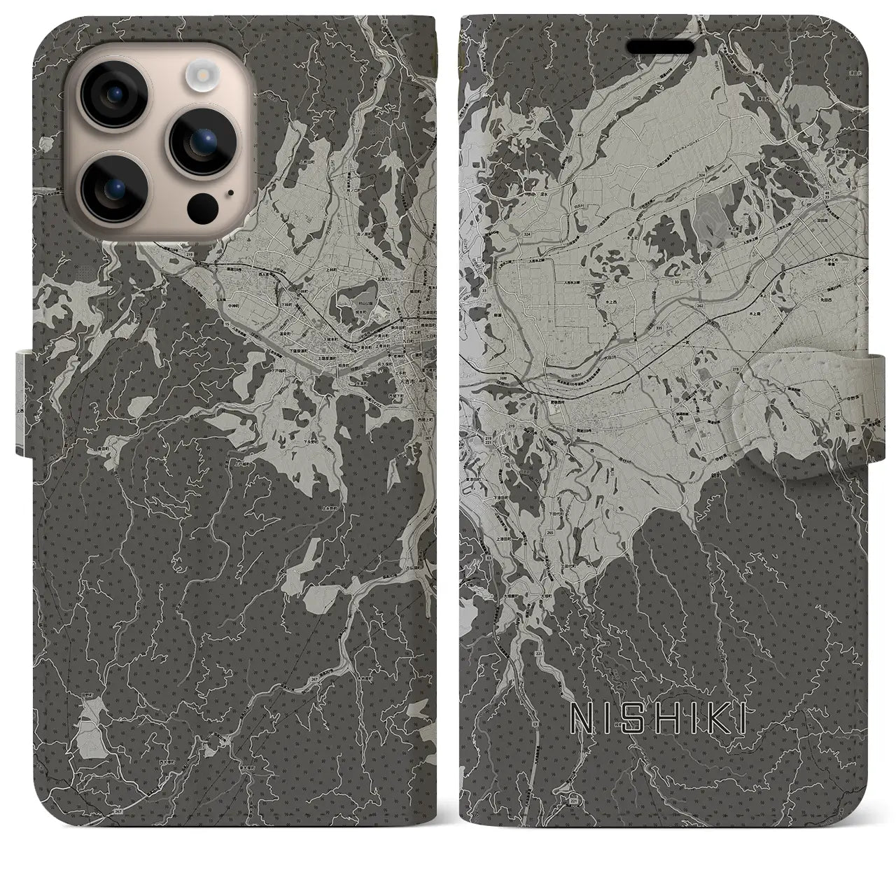 【錦(熊本県)】地図柄iPhoneケース(手帳タイプ)モノトーン・iPhone 16 Plus 用