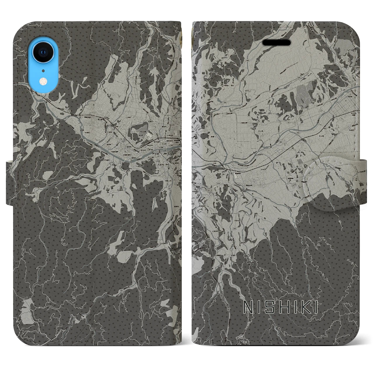 【錦(熊本県)】地図柄iPhoneケース(手帳タイプ)モノトーン・iPhone XR 用