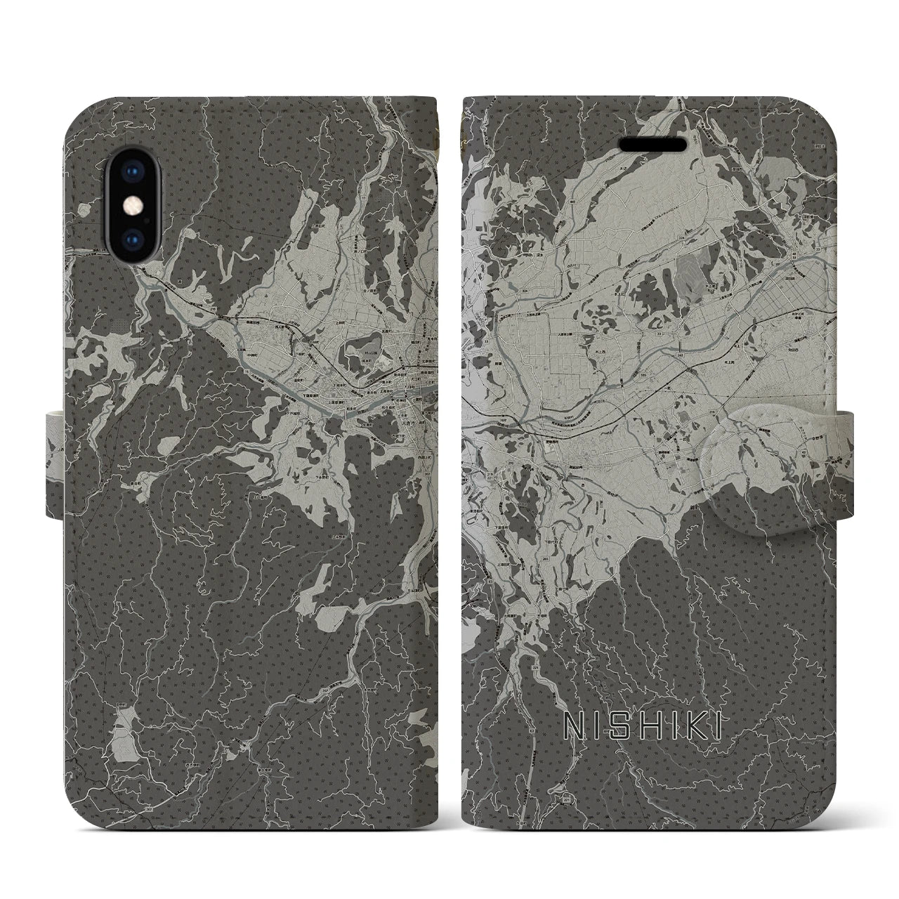 【錦(熊本県)】地図柄iPhoneケース(手帳タイプ)モノトーン・iPhone XS / X 用