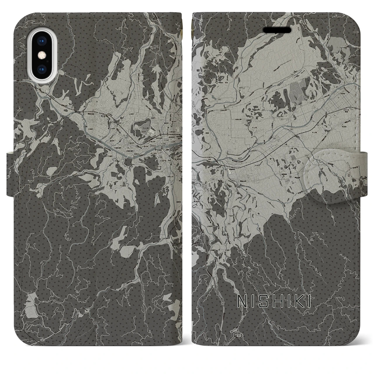 【錦(熊本県)】地図柄iPhoneケース(手帳タイプ)モノトーン・iPhone XS Max 用