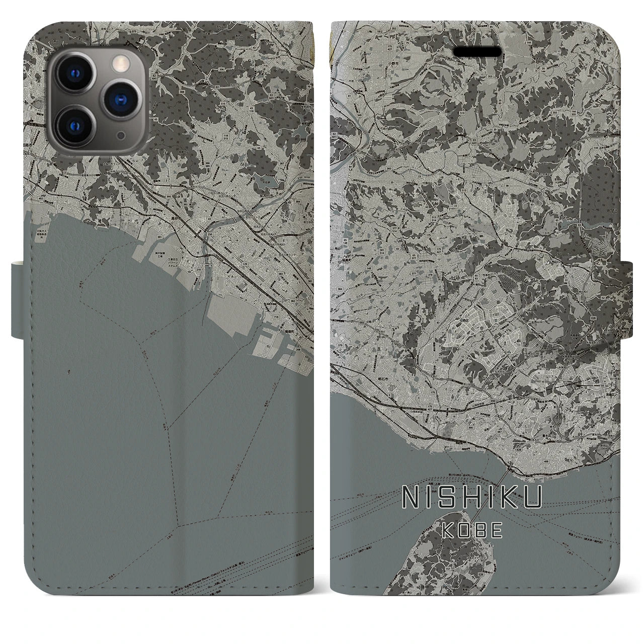 【西区(神戸市)】地図柄iPhoneケース(手帳タイプ)モノトーン・iPhone 11 Pro Max 用
