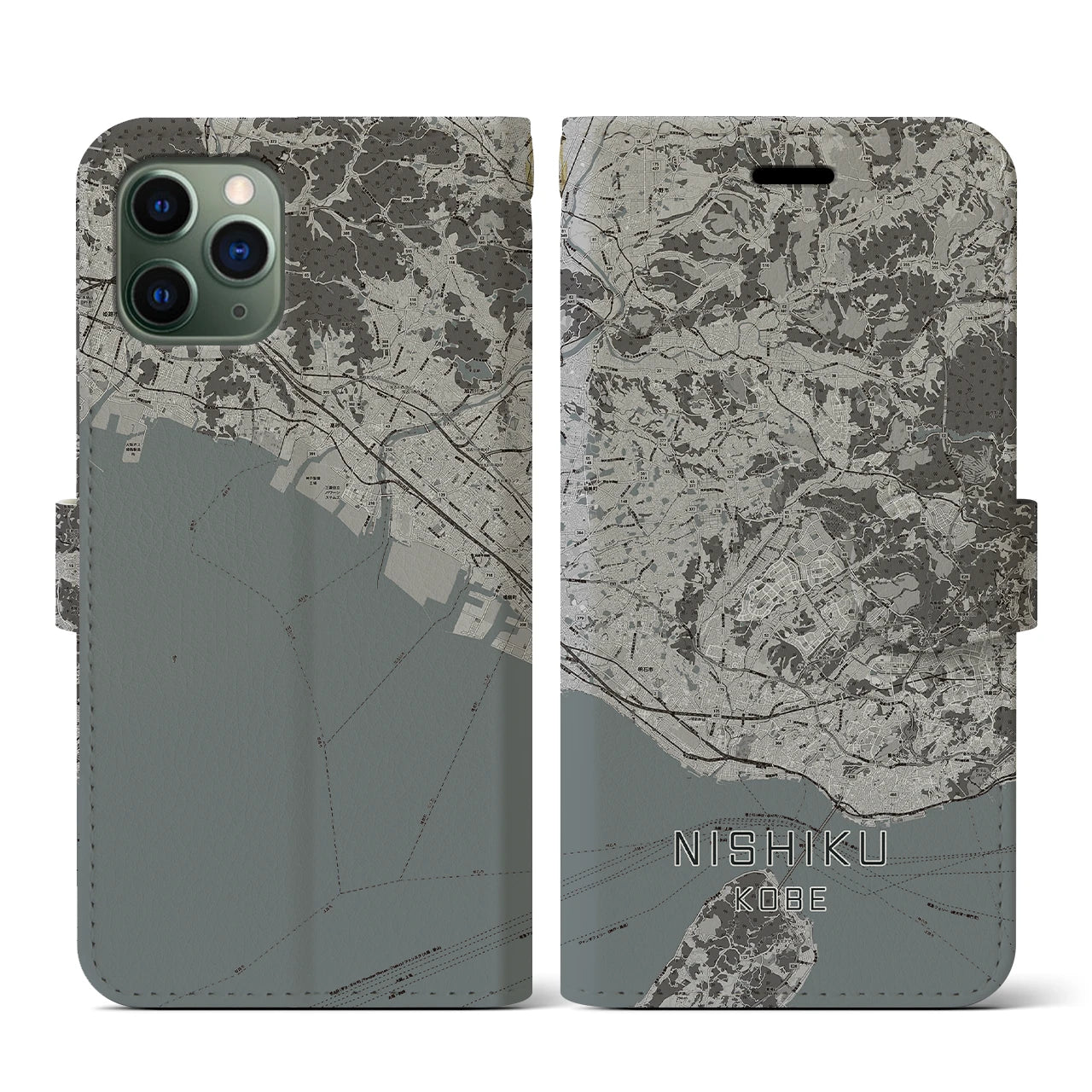 【西区(神戸市)】地図柄iPhoneケース(手帳タイプ)モノトーン・iPhone 11 Pro 用