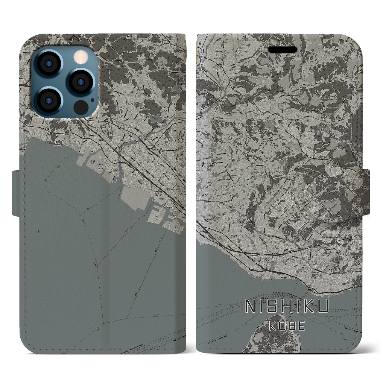 【西区(神戸市)】地図柄iPhoneケース(手帳タイプ)モノトーン・iPhone 12 / 12 Pro 用