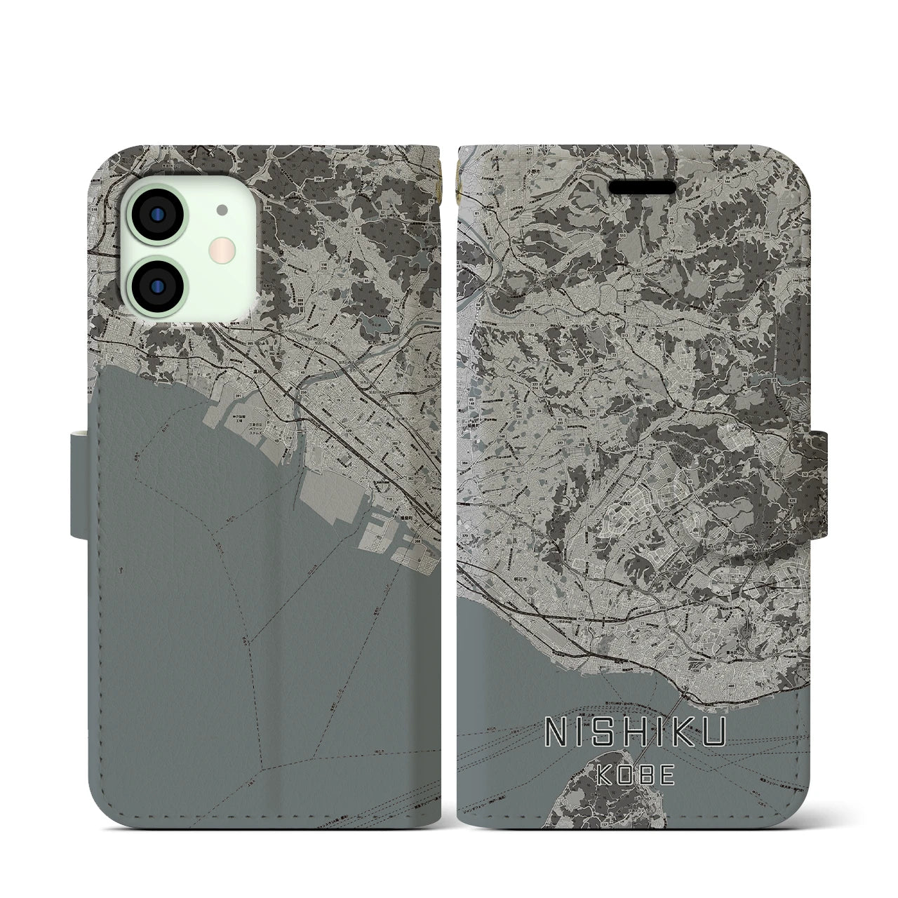 【西区(神戸市)】地図柄iPhoneケース(手帳タイプ)モノトーン・iPhone 12 mini 用