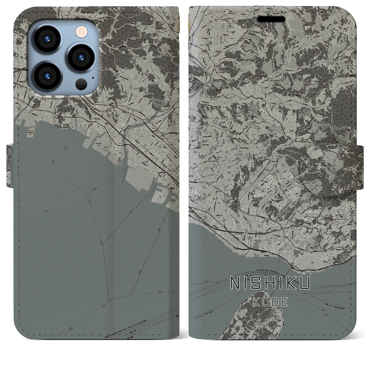 【西区(神戸市)】地図柄iPhoneケース(手帳タイプ)モノトーン・iPhone 13 Pro Max 用