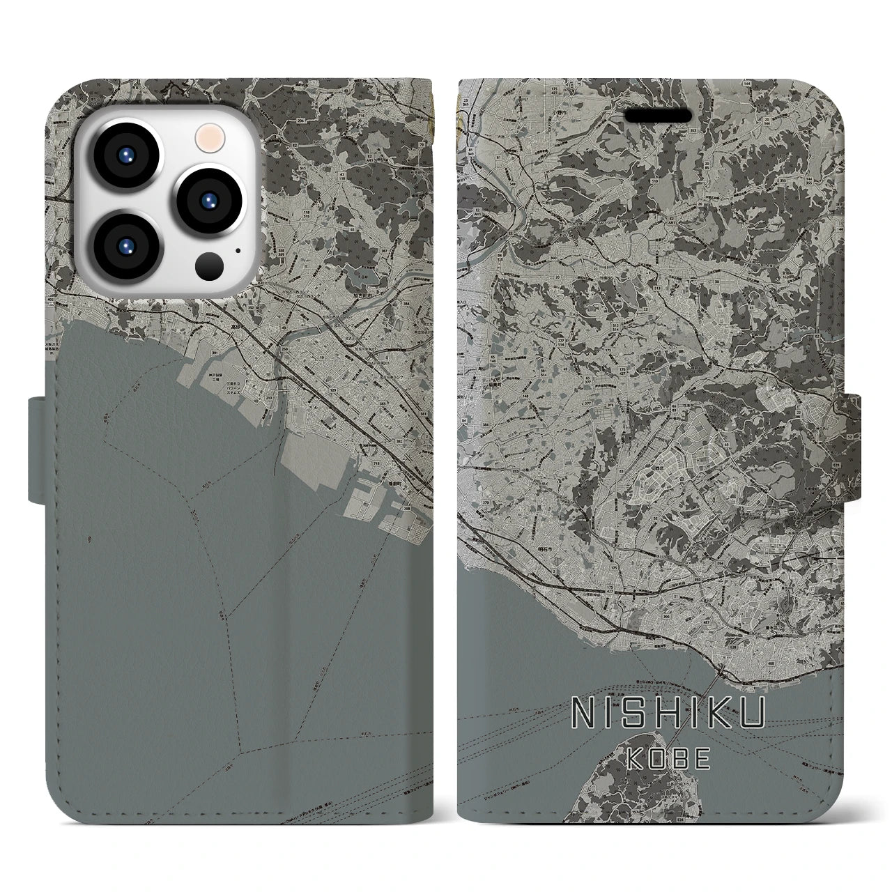 【西区(神戸市)】地図柄iPhoneケース(手帳タイプ)モノトーン・iPhone 13 Pro 用