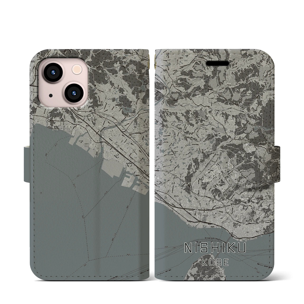 【西区(神戸市)】地図柄iPhoneケース(手帳タイプ)モノトーン・iPhone 13 mini 用