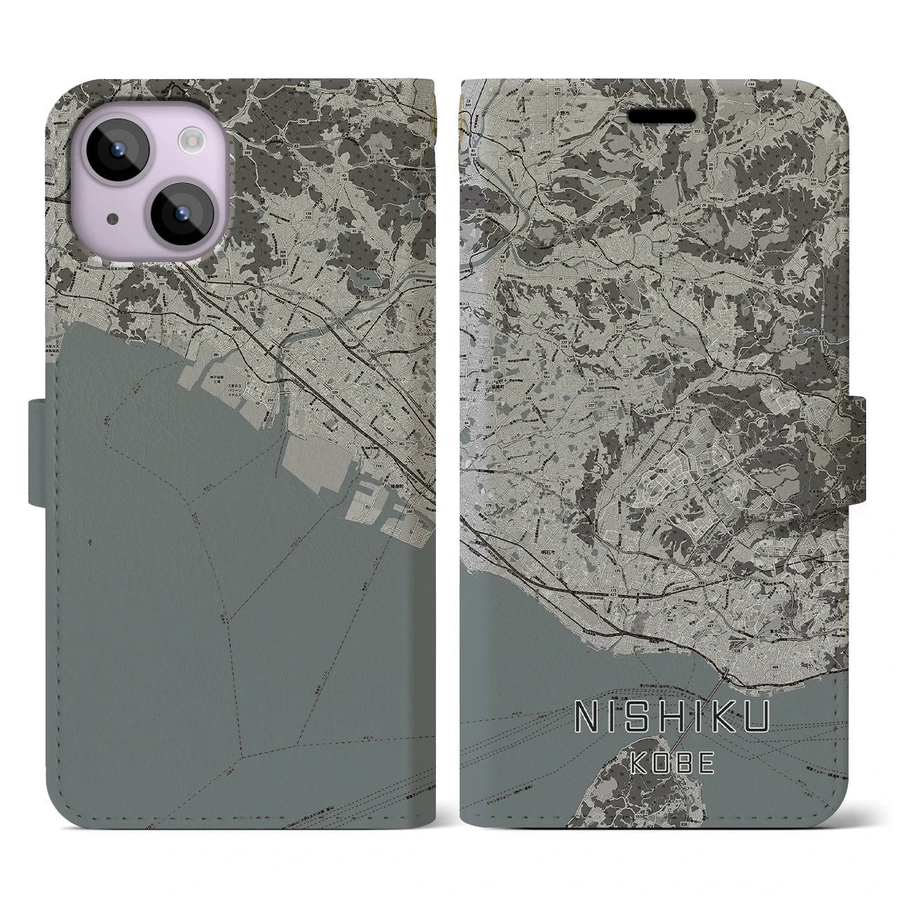 【西区(神戸市)】地図柄iPhoneケース(手帳タイプ)モノトーン・iPhone 14 用