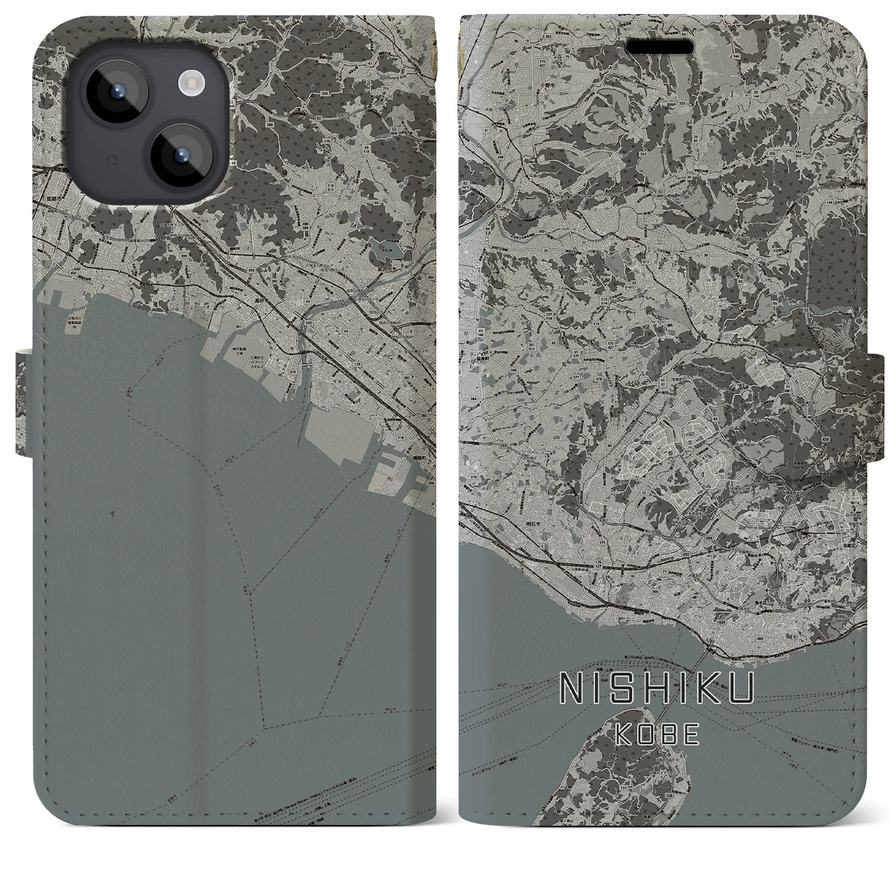 【西区(神戸市)】地図柄iPhoneケース(手帳タイプ)モノトーン・iPhone 14 Plus 用