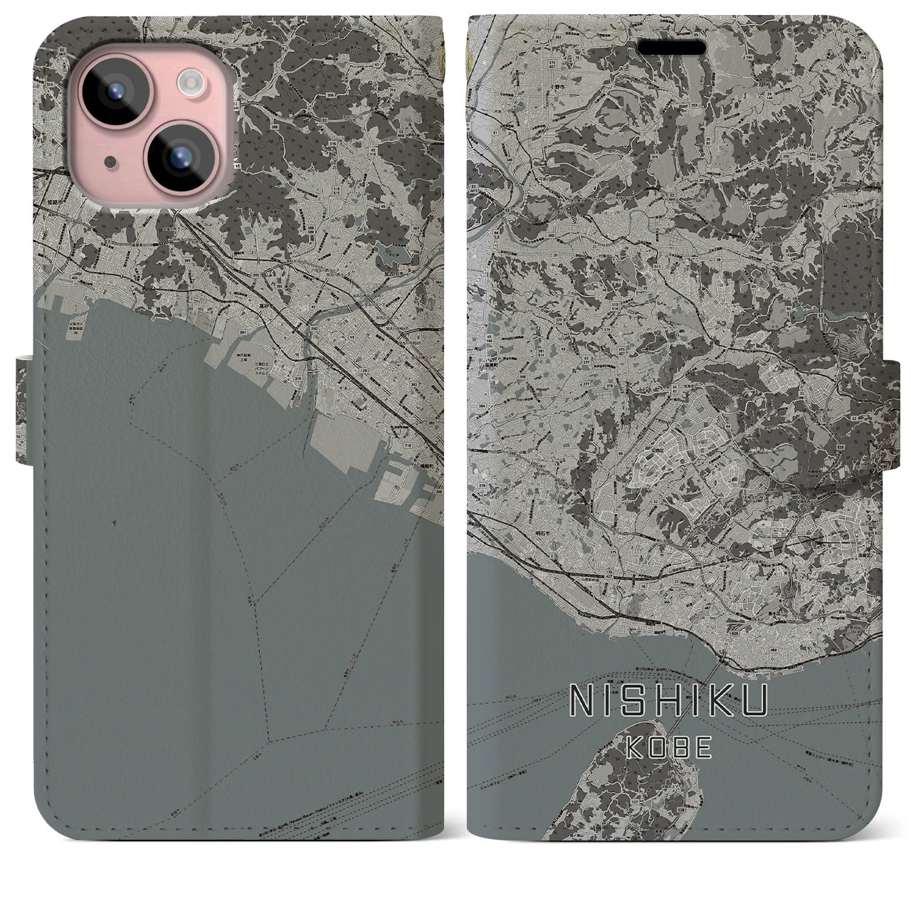 【西区(神戸市)】地図柄iPhoneケース(手帳タイプ)モノトーン・iPhone 15 Plus 用