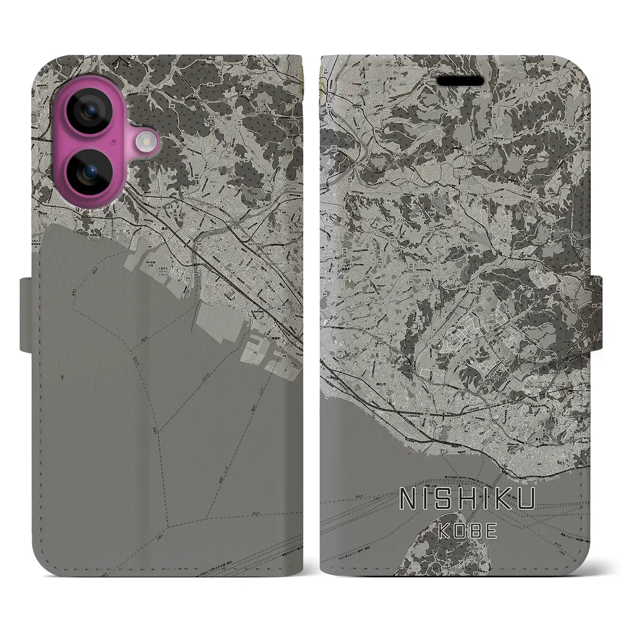 【西区(神戸市)】地図柄iPhoneケース(手帳タイプ)モノトーン・iPhone 16 Pro 用