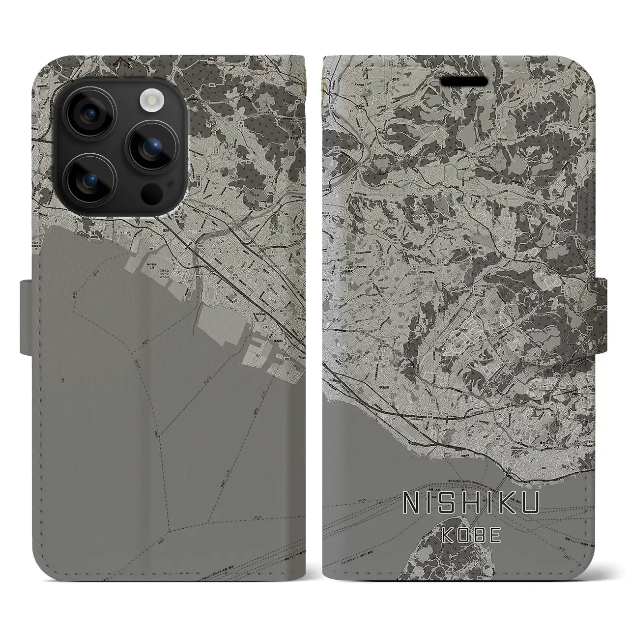 【西区(神戸市)】地図柄iPhoneケース(手帳タイプ)モノトーン・iPhone 16 用