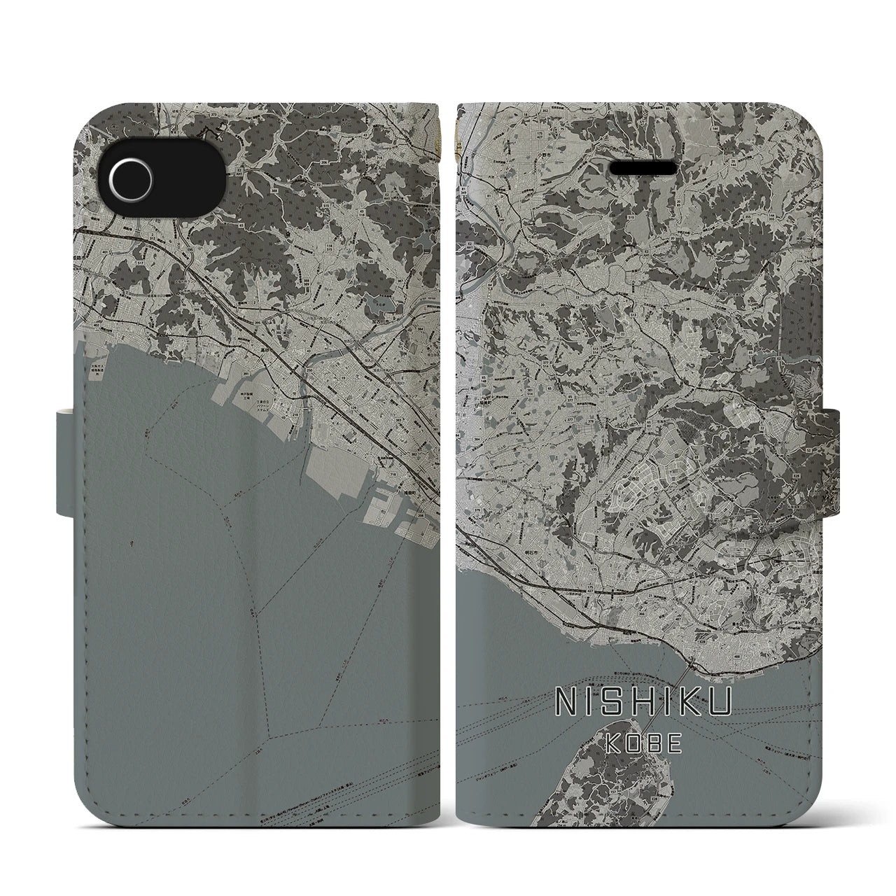 【西区(神戸市)】地図柄iPhoneケース(手帳タイプ)モノトーン・iPhone SE(第3 / 第2世代) / 8 / 7 / 6s / 6 用