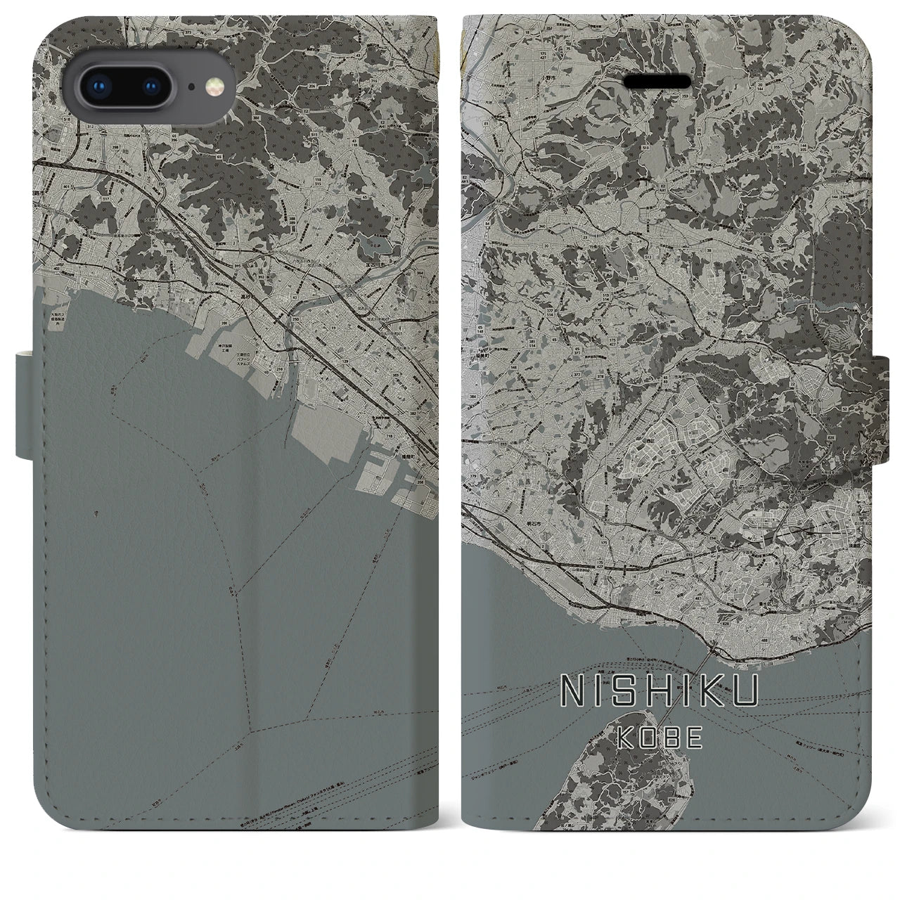 【西区(神戸市)】地図柄iPhoneケース(手帳タイプ)モノトーン・iPhone 8Plus /7Plus / 6sPlus / 6Plus 用