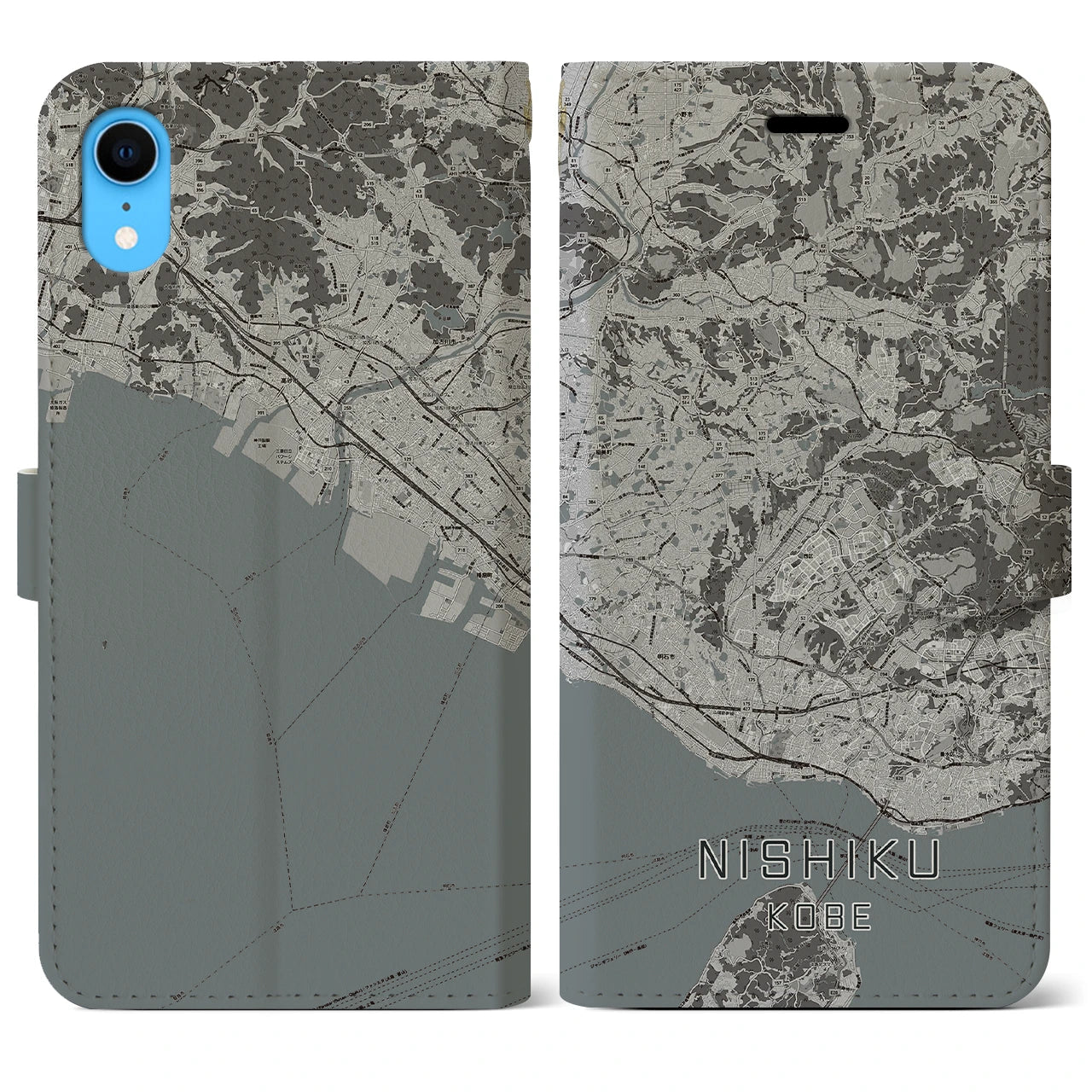 【西区(神戸市)】地図柄iPhoneケース(手帳タイプ)モノトーン・iPhone XR 用