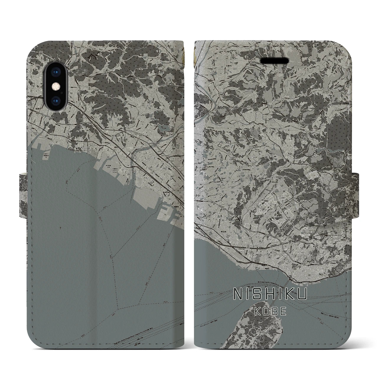 【西区(神戸市)】地図柄iPhoneケース(手帳タイプ)モノトーン・iPhone XS / X 用
