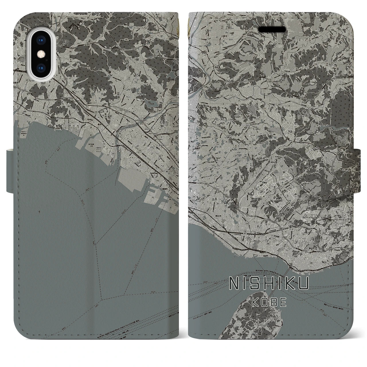 【西区(神戸市)】地図柄iPhoneケース(手帳タイプ)モノトーン・iPhone XS Max 用