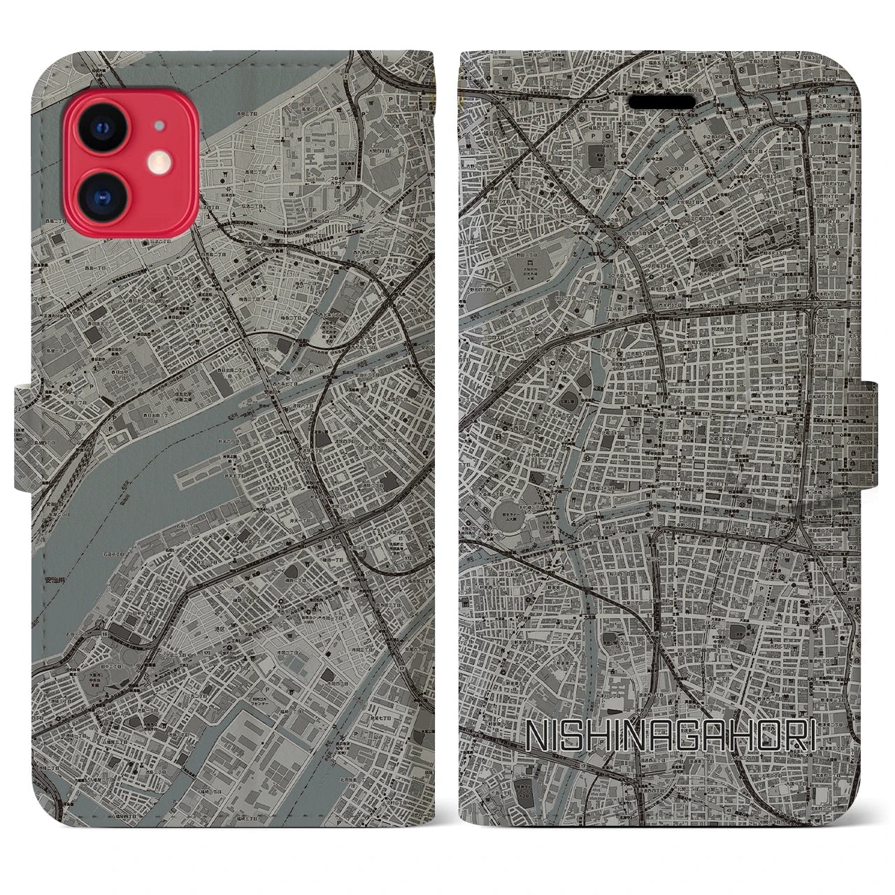 【西長堀(大阪府)】地図柄iPhoneケース(手帳タイプ)モノトーン・iPhone 11 用