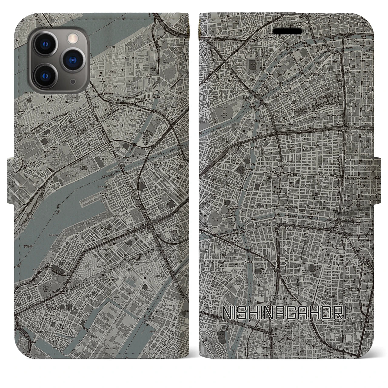 【西長堀(大阪府)】地図柄iPhoneケース(手帳タイプ)モノトーン・iPhone 11 Pro Max 用