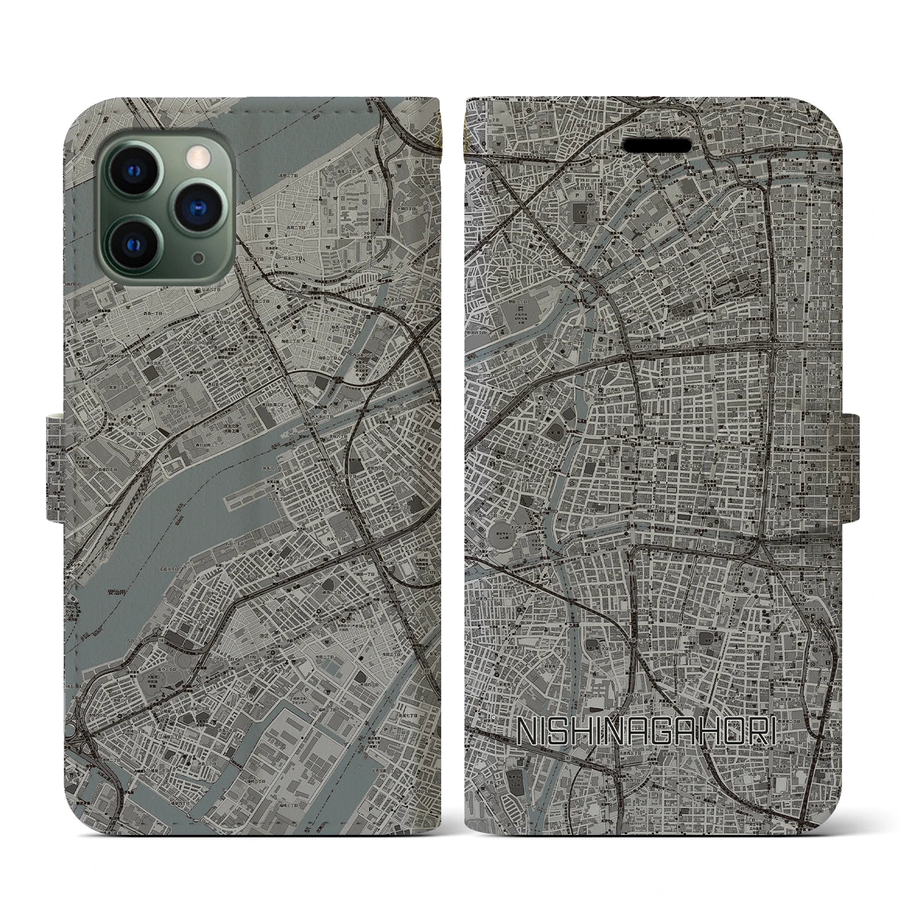 【西長堀(大阪府)】地図柄iPhoneケース(手帳タイプ)モノトーン・iPhone 11 Pro 用