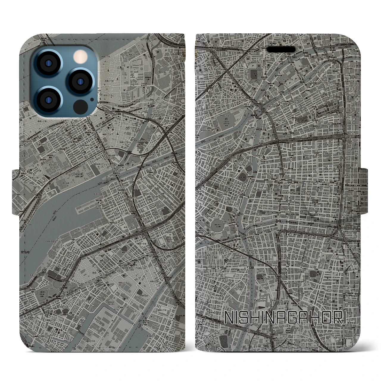 【西長堀(大阪府)】地図柄iPhoneケース(手帳タイプ)モノトーン・iPhone 12 / 12 Pro 用