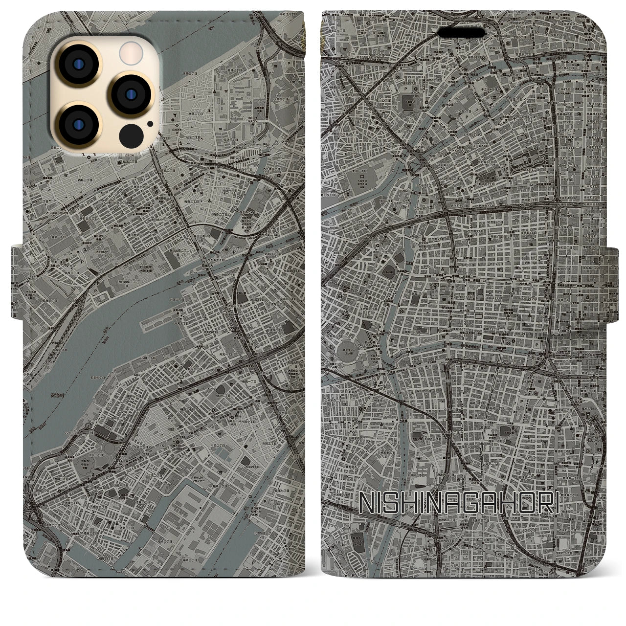 【西長堀(大阪府)】地図柄iPhoneケース(手帳タイプ)モノトーン・iPhone 12 Pro Max 用
