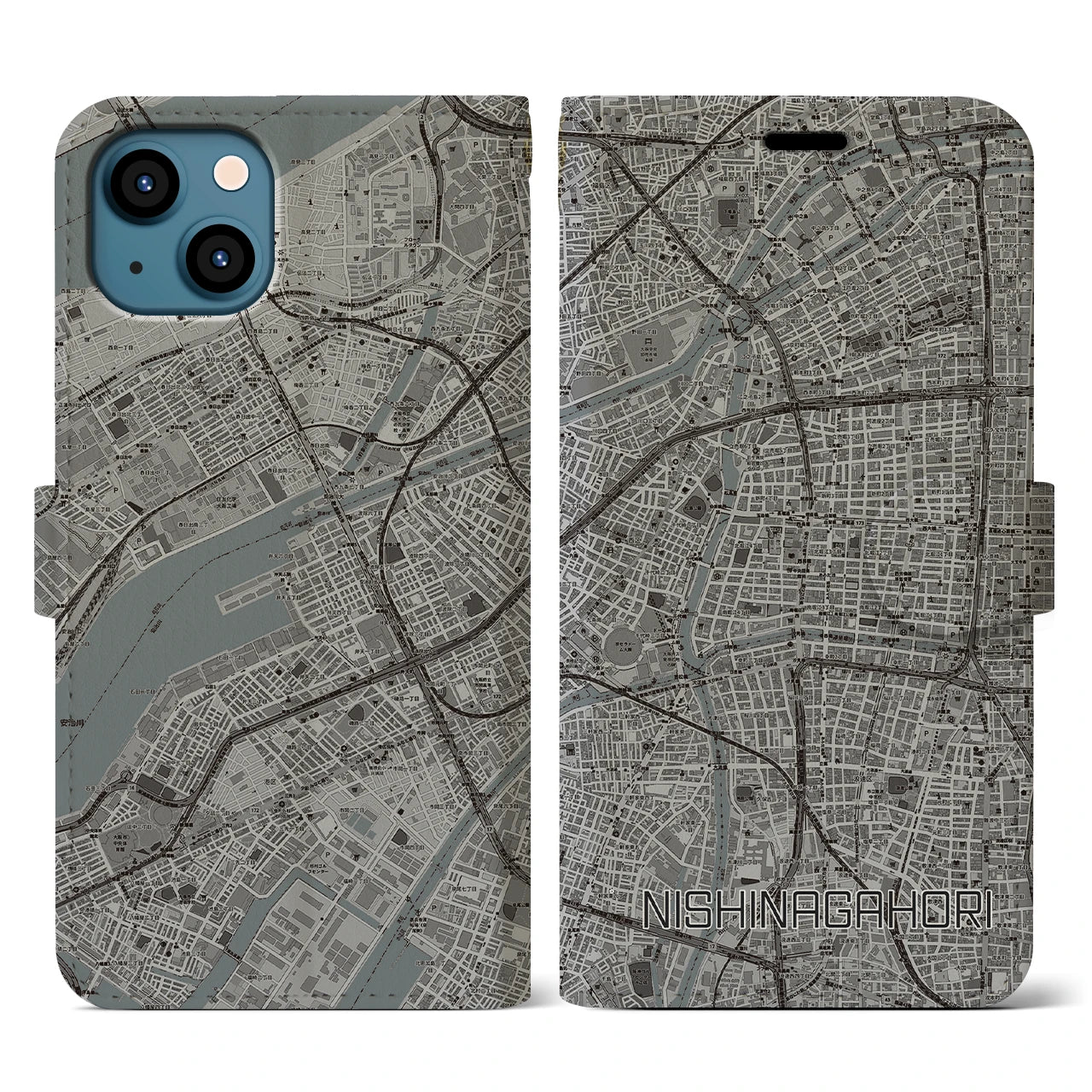 【西長堀(大阪府)】地図柄iPhoneケース(手帳タイプ)モノトーン・iPhone 13 用