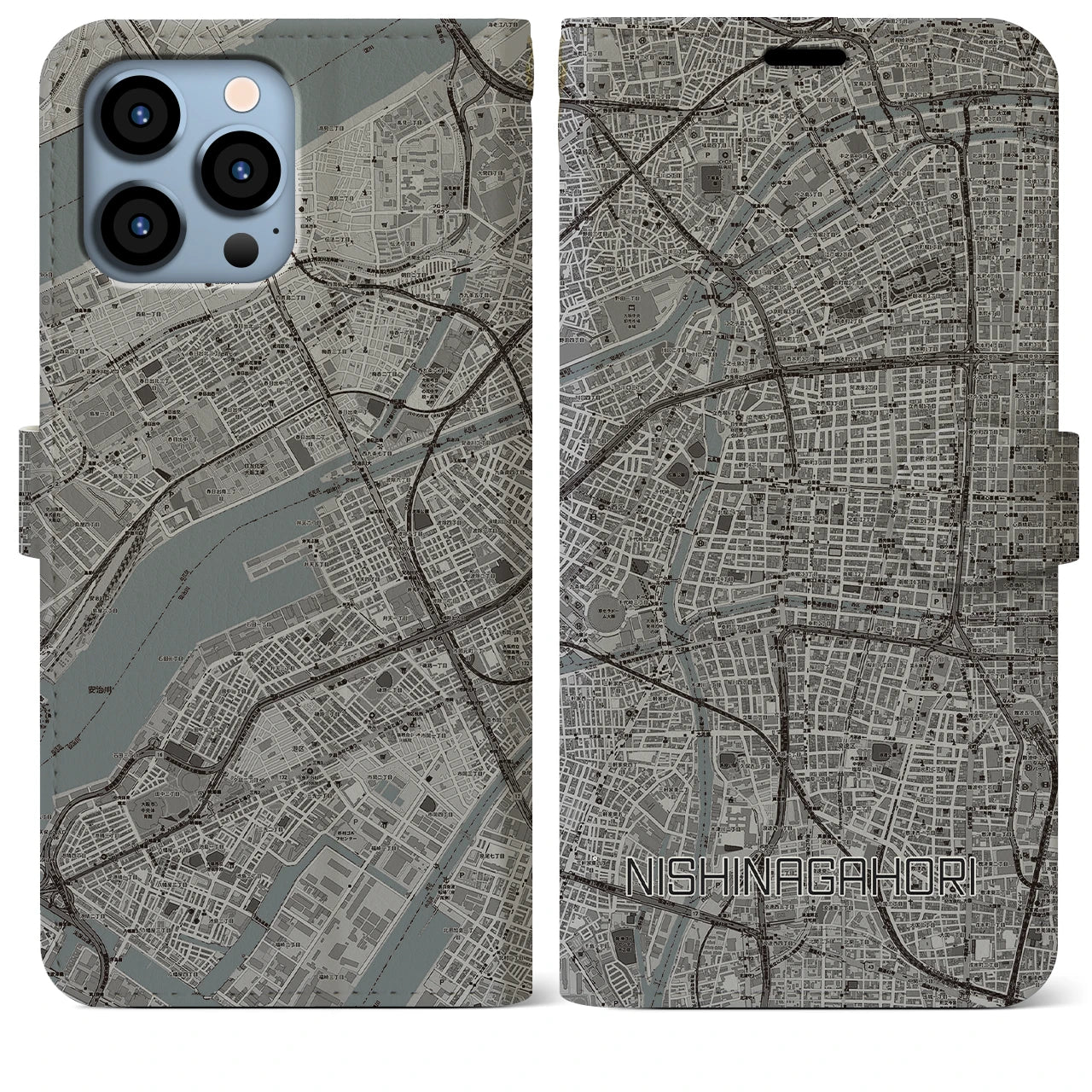 【西長堀(大阪府)】地図柄iPhoneケース(手帳タイプ)モノトーン・iPhone 13 Pro Max 用