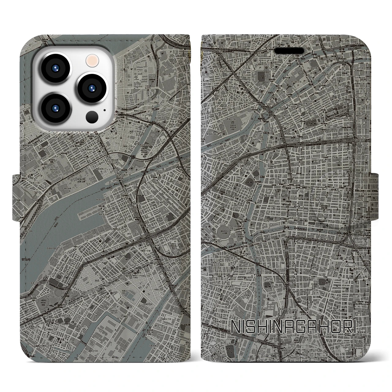 【西長堀(大阪府)】地図柄iPhoneケース(手帳タイプ)モノトーン・iPhone 13 Pro 用
