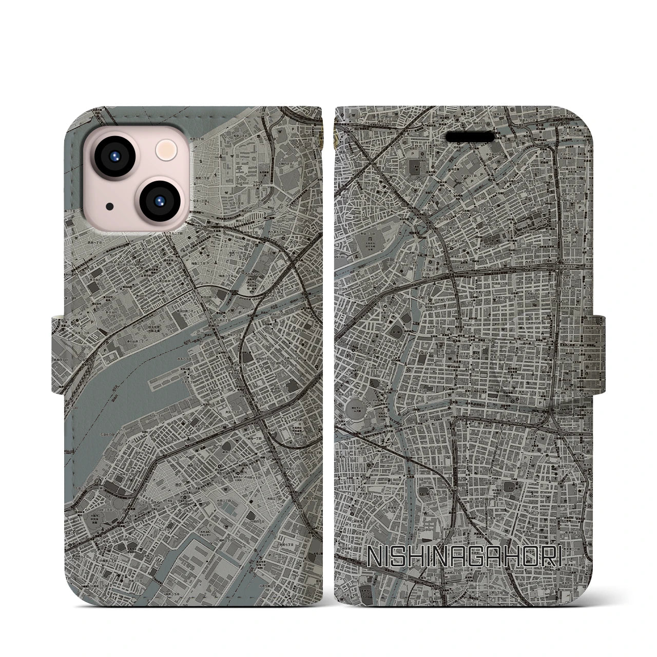 【西長堀(大阪府)】地図柄iPhoneケース(手帳タイプ)モノトーン・iPhone 13 mini 用
