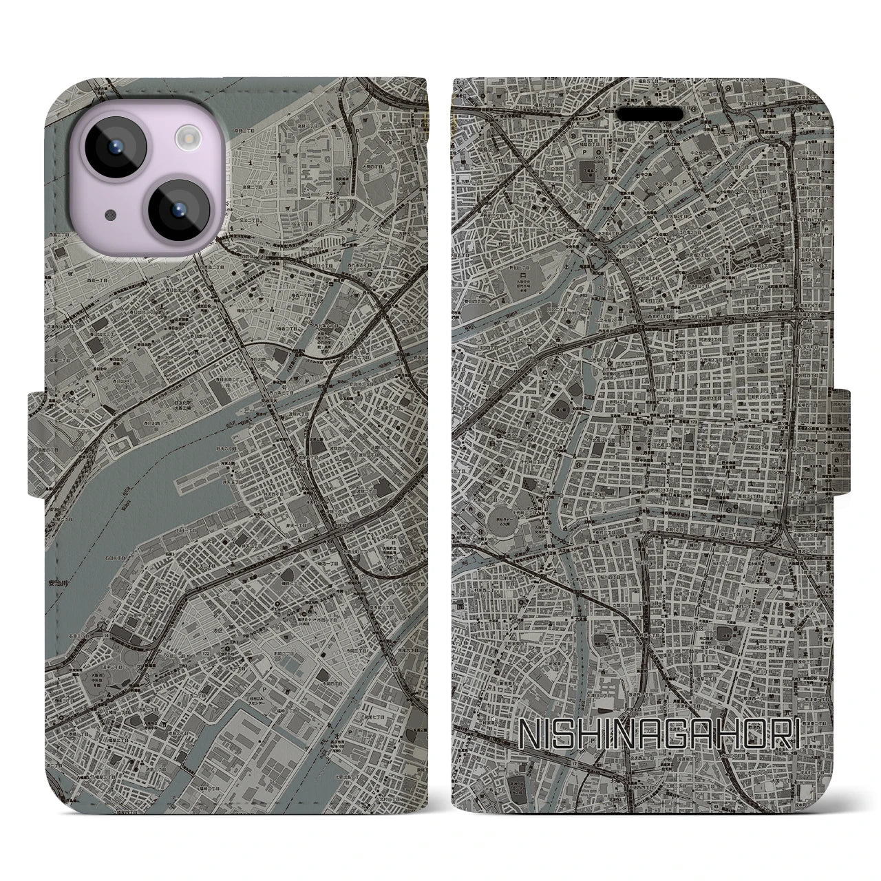 【西長堀(大阪府)】地図柄iPhoneケース(手帳タイプ)モノトーン・iPhone 14 用