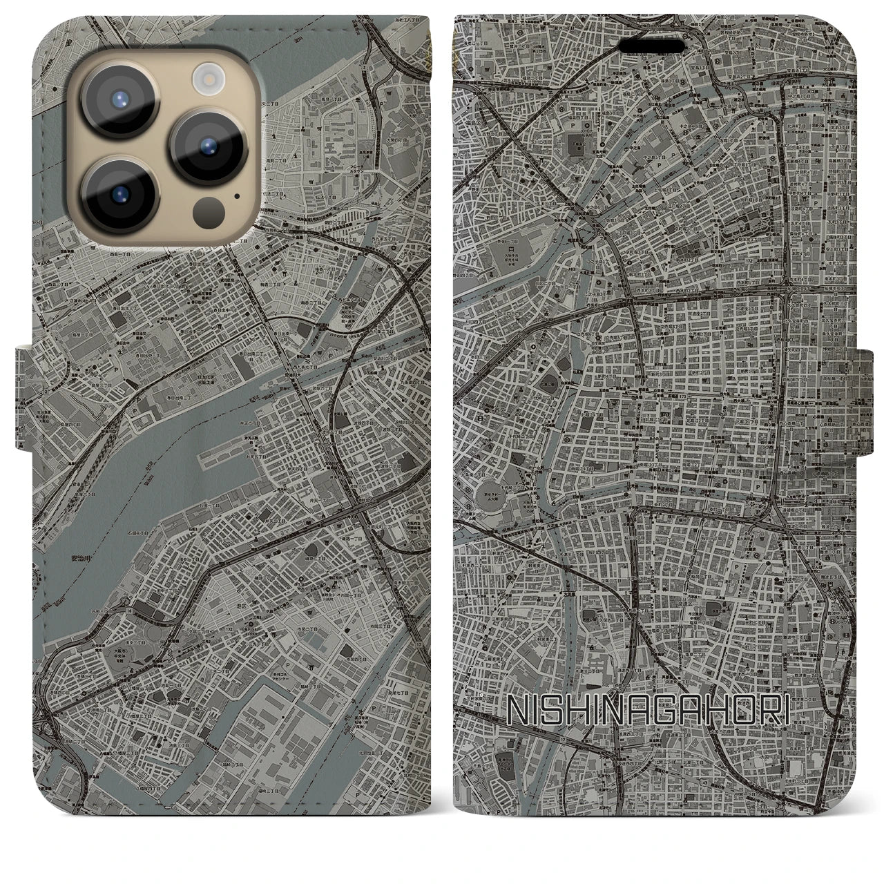 【西長堀(大阪府)】地図柄iPhoneケース(手帳タイプ)モノトーン・iPhone 14 Pro Max 用