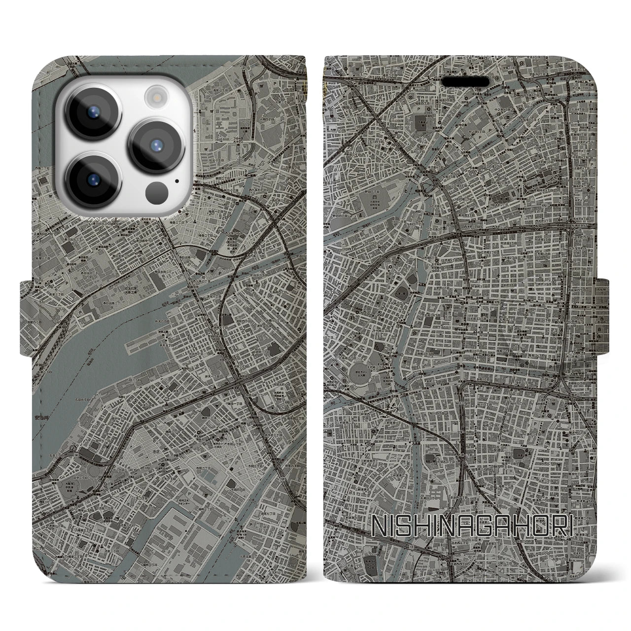 【西長堀(大阪府)】地図柄iPhoneケース(手帳タイプ)モノトーン・iPhone 14 Pro 用