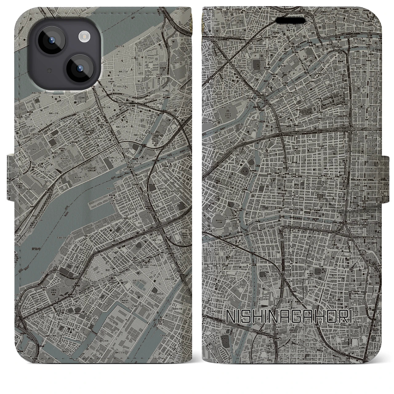 【西長堀(大阪府)】地図柄iPhoneケース(手帳タイプ)モノトーン・iPhone 14 Plus 用