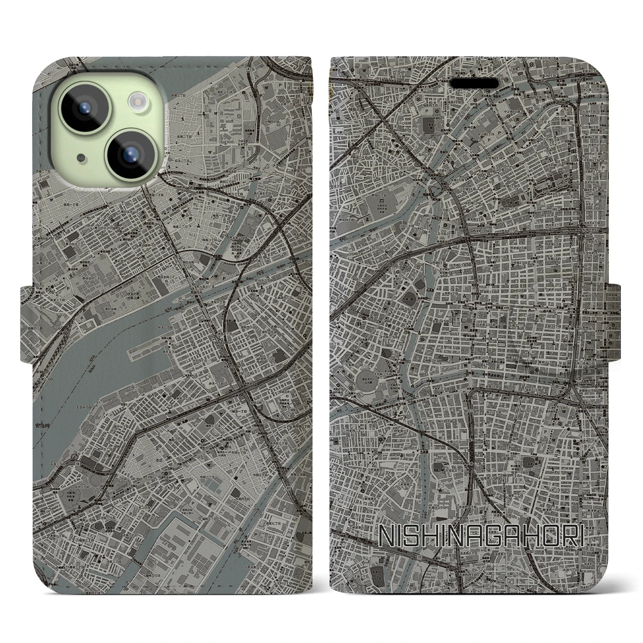 【西長堀(大阪府)】地図柄iPhoneケース(手帳タイプ)モノトーン・iPhone 15 用