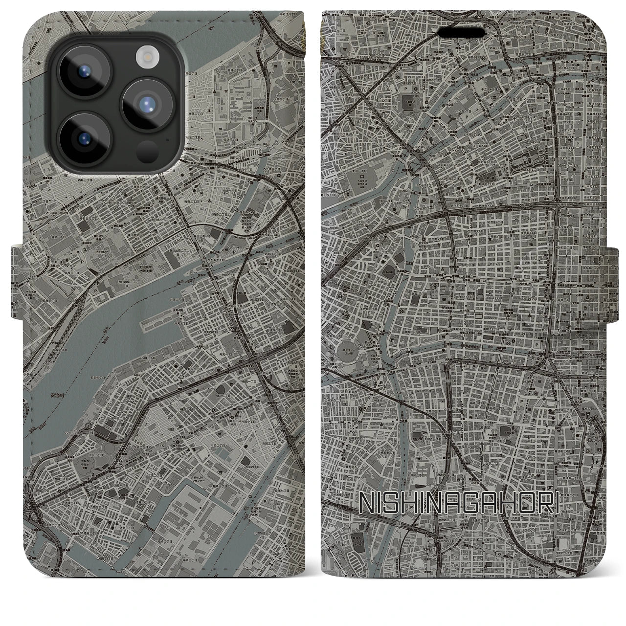 【西長堀(大阪府)】地図柄iPhoneケース(手帳タイプ)モノトーン・iPhone 15 Pro Max 用