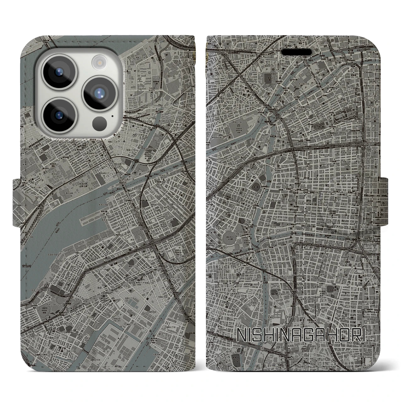 【西長堀(大阪府)】地図柄iPhoneケース(手帳タイプ)モノトーン・iPhone 15 Pro 用