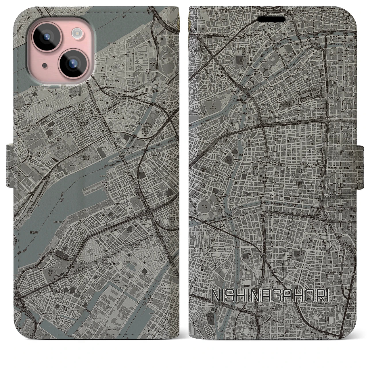 【西長堀(大阪府)】地図柄iPhoneケース(手帳タイプ)モノトーン・iPhone 15 Plus 用