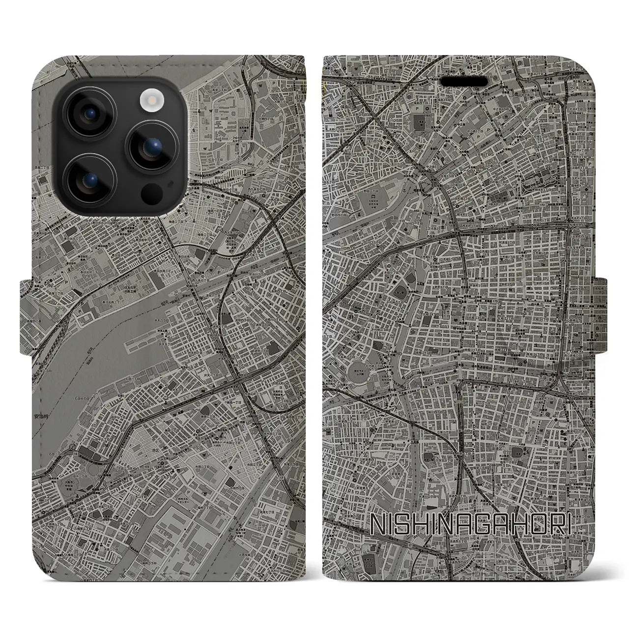 【西長堀(大阪府)】地図柄iPhoneケース(手帳タイプ)モノトーン・iPhone 16 用