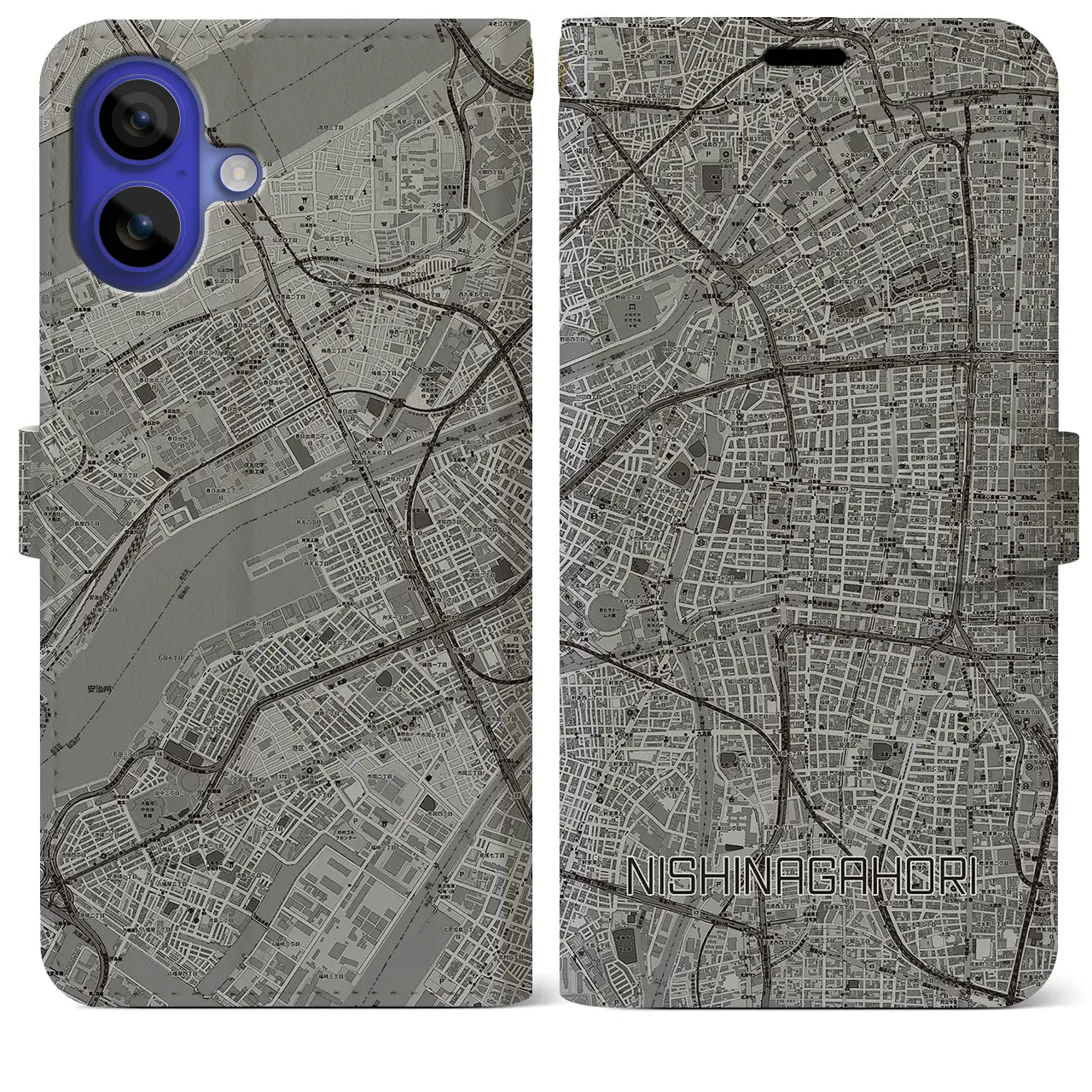 【西長堀(大阪府)】地図柄iPhoneケース(手帳タイプ)モノトーン・iPhone 16 Pro Max 用