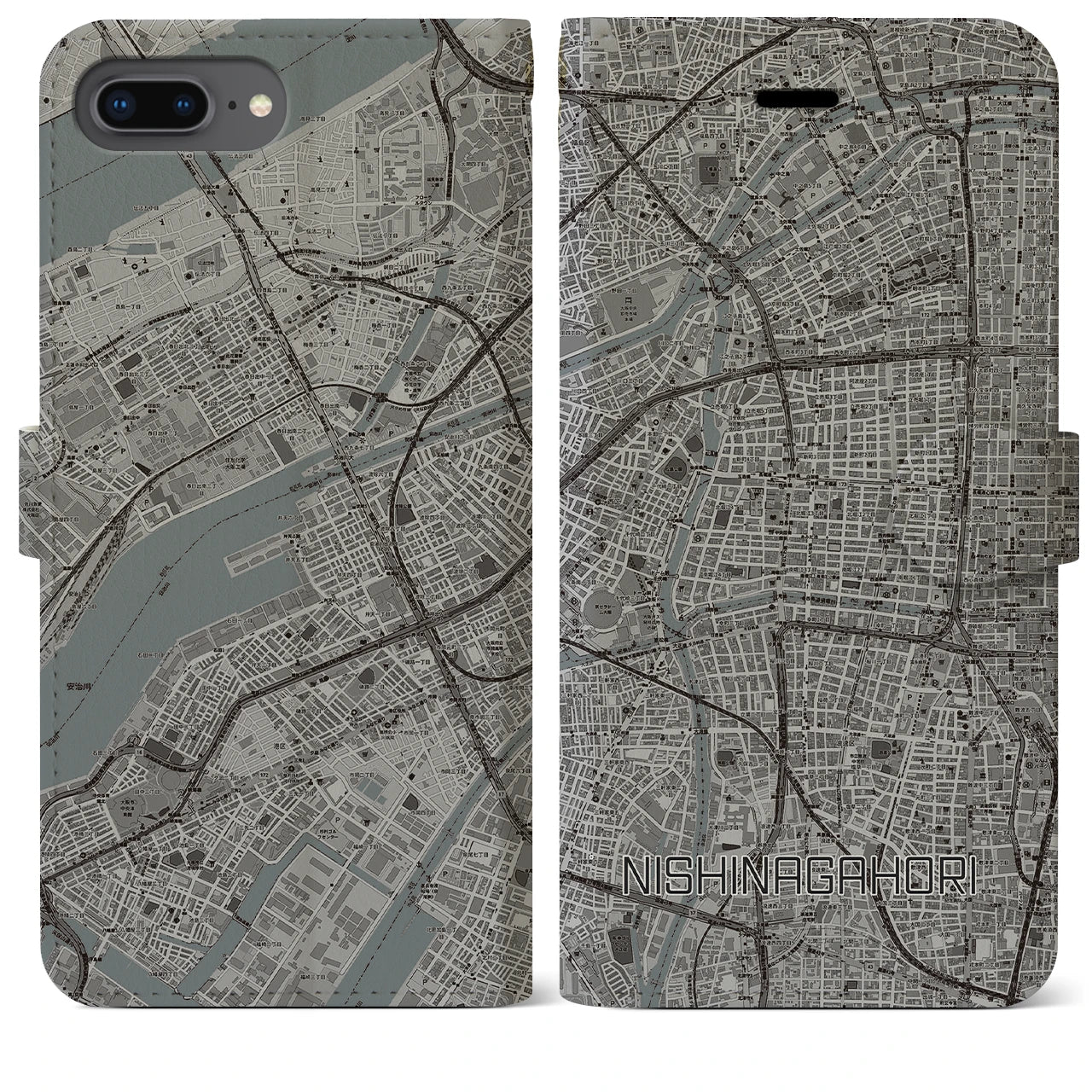 【西長堀(大阪府)】地図柄iPhoneケース(手帳タイプ)モノトーン・iPhone 8Plus /7Plus / 6sPlus / 6Plus 用