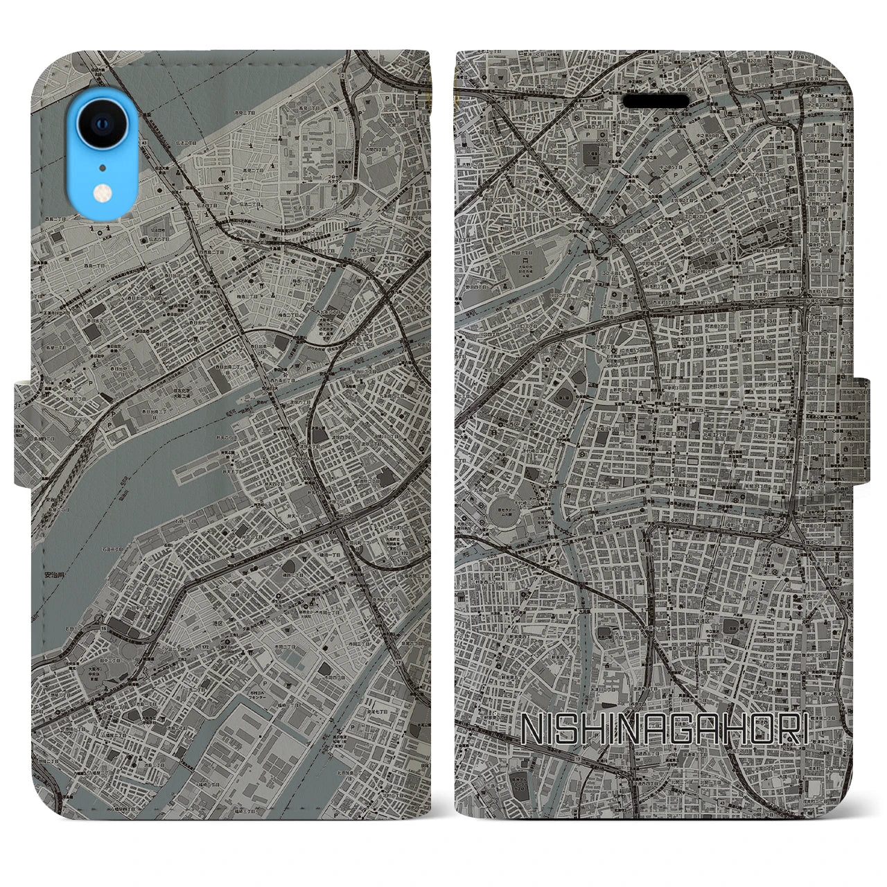 【西長堀(大阪府)】地図柄iPhoneケース(手帳タイプ)モノトーン・iPhone XR 用