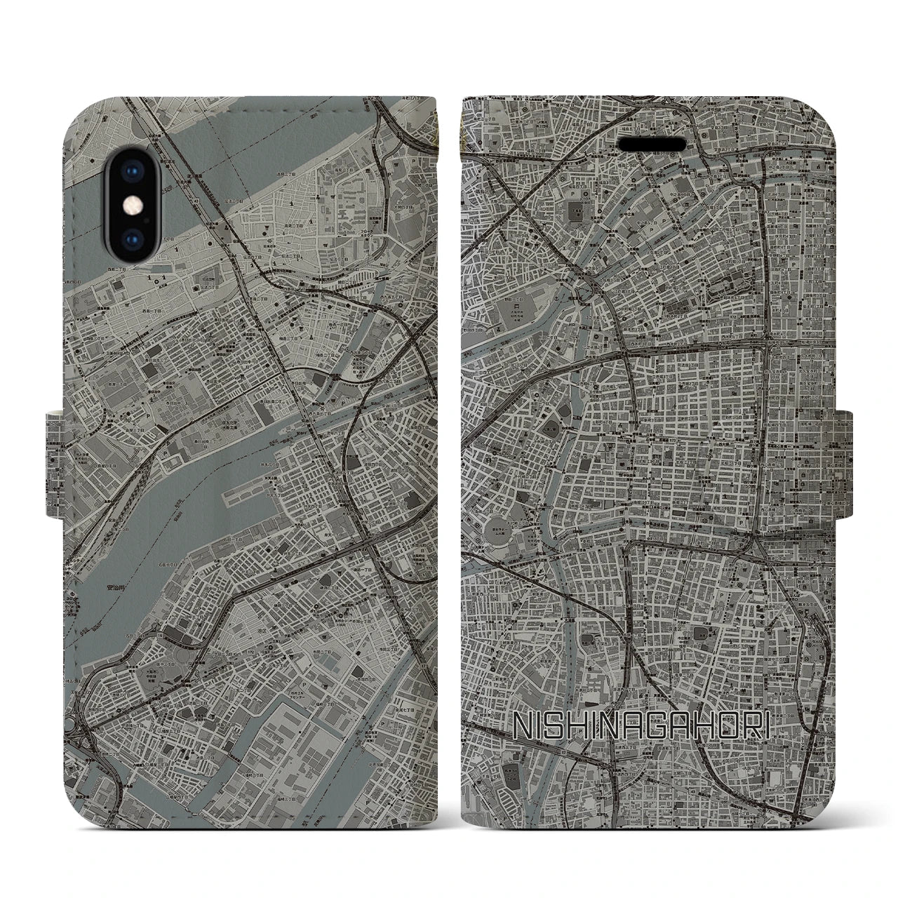 【西長堀(大阪府)】地図柄iPhoneケース(手帳タイプ)モノトーン・iPhone XS / X 用