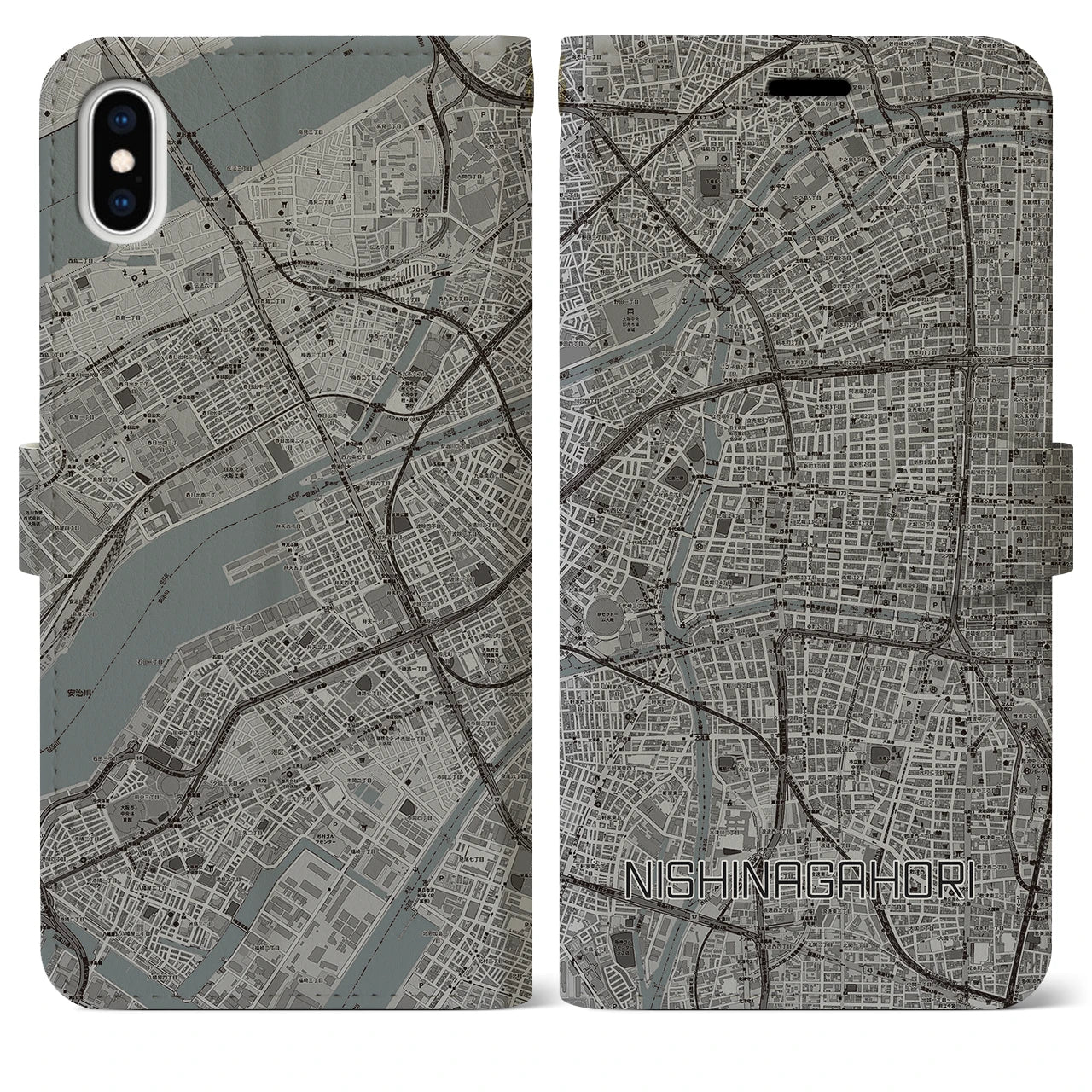【西長堀(大阪府)】地図柄iPhoneケース(手帳タイプ)モノトーン・iPhone XS Max 用