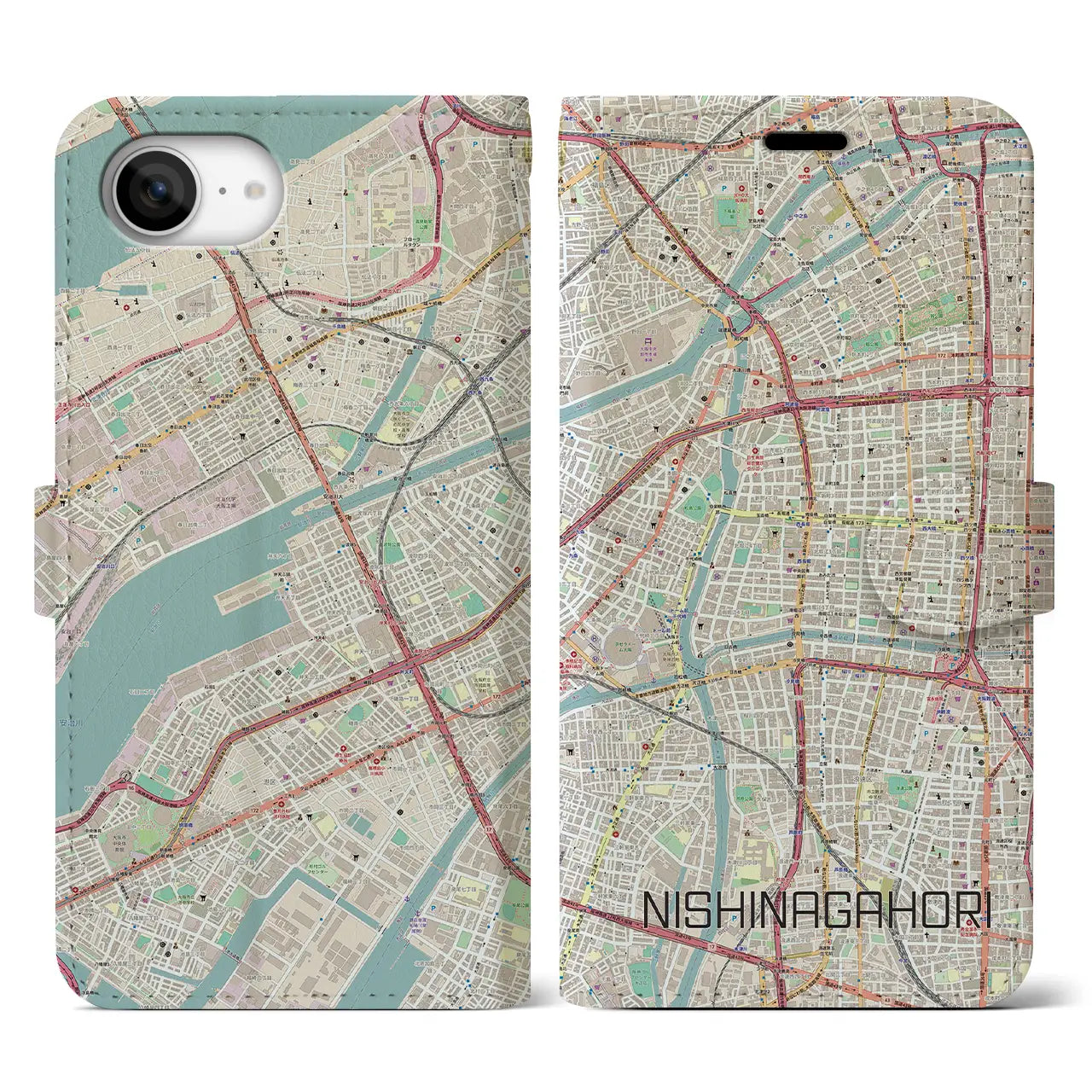 【西長堀(大阪府)】地図柄iPhoneケース(手帳タイプ)