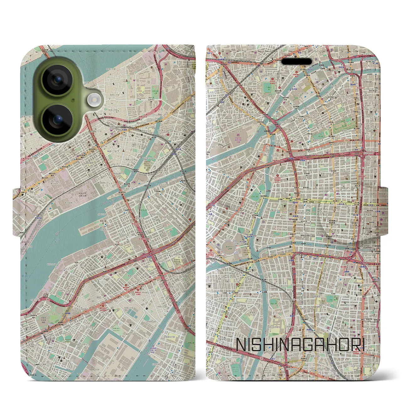 【西長堀(大阪府)】地図柄iPhoneケース(手帳タイプ)モノトーン・iPhone 17 Pro Max 用