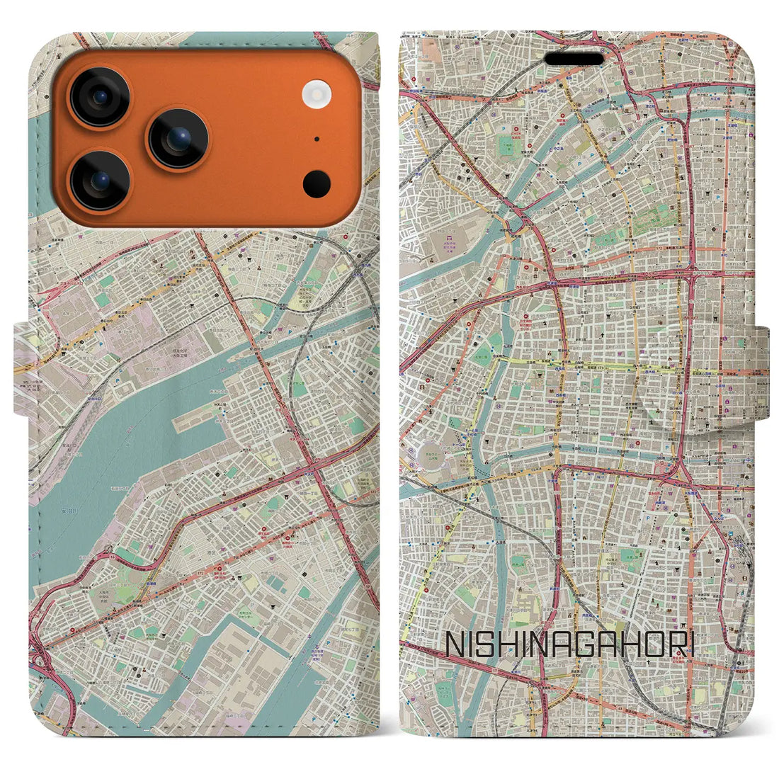 【西長堀(大阪府)】地図柄iPhoneケース(手帳タイプ)ナチュラル・iPhone 17 Pro Max 用