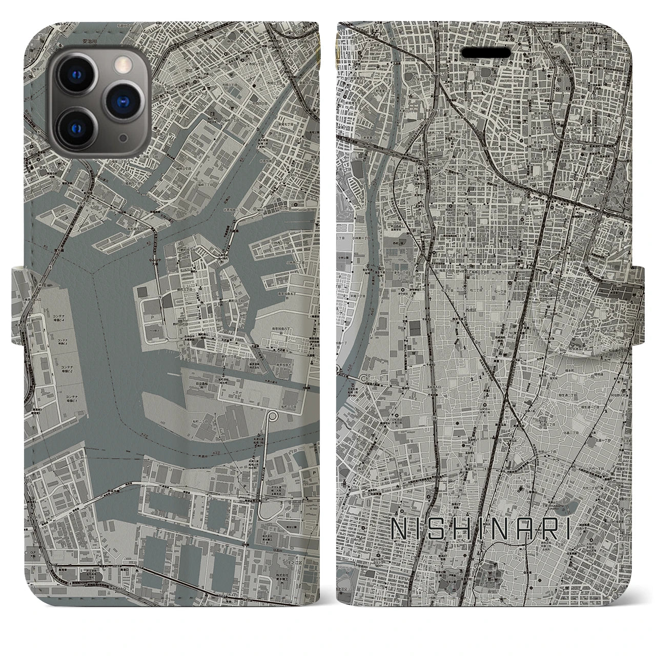 【西成(大阪府)】地図柄iPhoneケース(手帳タイプ)モノトーン・iPhone 11 Pro Max 用