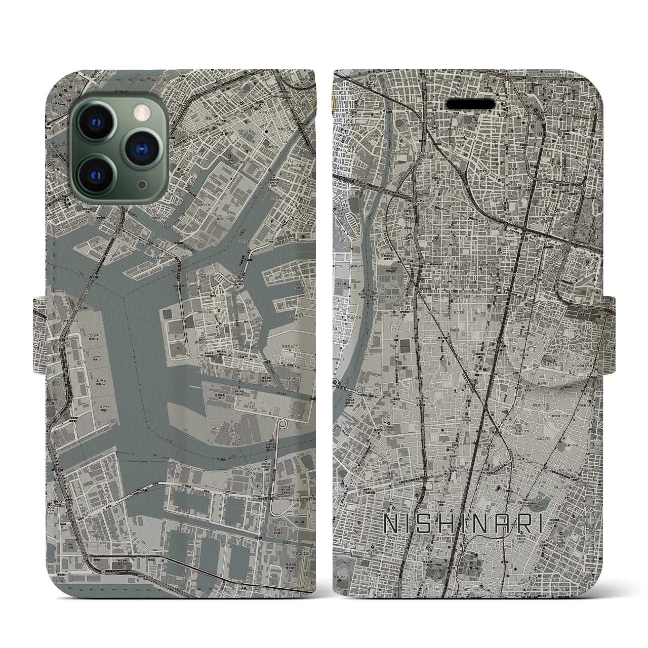 【西成(大阪府)】地図柄iPhoneケース(手帳タイプ)モノトーン・iPhone 11 Pro 用