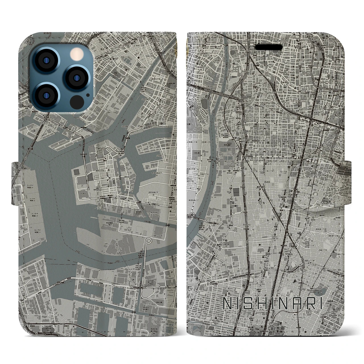 【西成(大阪府)】地図柄iPhoneケース(手帳タイプ)モノトーン・iPhone 12 / 12 Pro 用